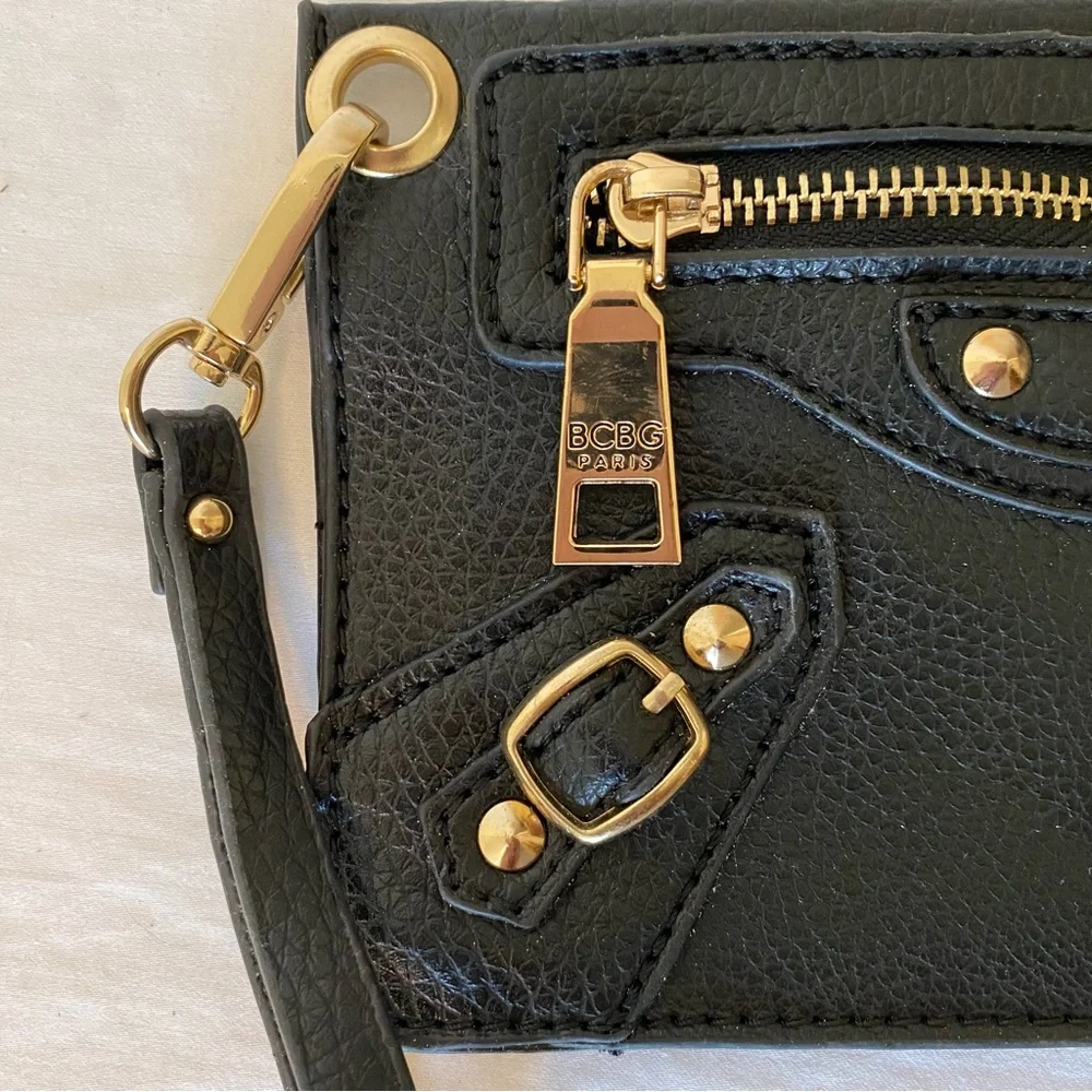 BCBG Black Leather Moto Studded Wristlet Excellent Used Condition